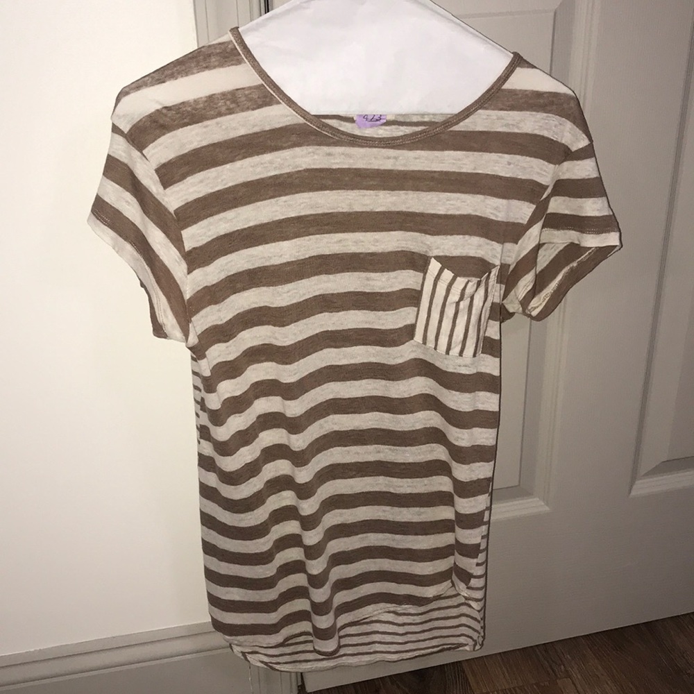 Brown Striped | Linen | Short-sleeve Top | W-S